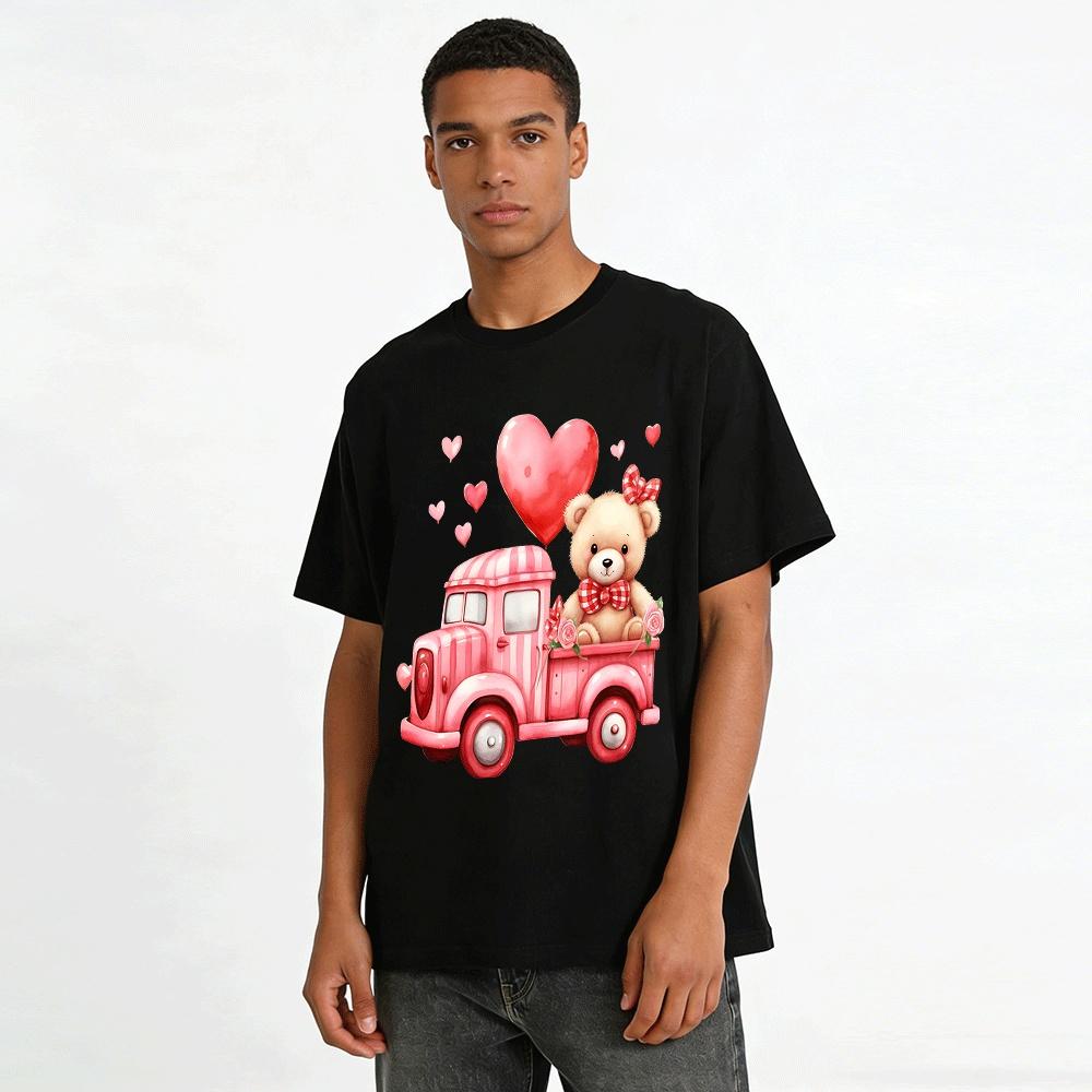 Cute Bear Pink Truck Heart Print Parent-child Outfits Pure cotton T-shirt