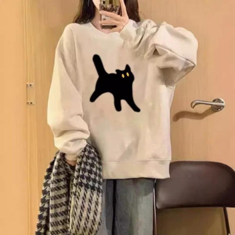 Spring Autumn Vintage Women's Loose Casual Cat Printing Sweatshirt Fashion Simple All-match Pullover Top Female