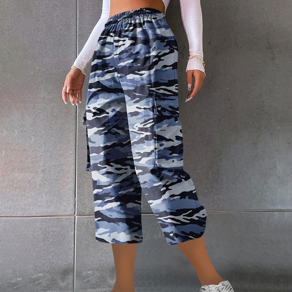 Ladies' Casual Work Pants With Elastic Waistband And Camouflage Printed Cropped Pants