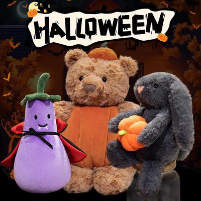 Halloween Plush Toys: Pumpkin Bear, Black Cat, Rabbit In Cape, and Eggplant - Ideal Children's Birthday Gift
