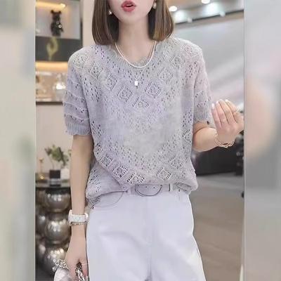 Light Grey Round Neck Short Sleeve Hollow Out Knit Top for Women