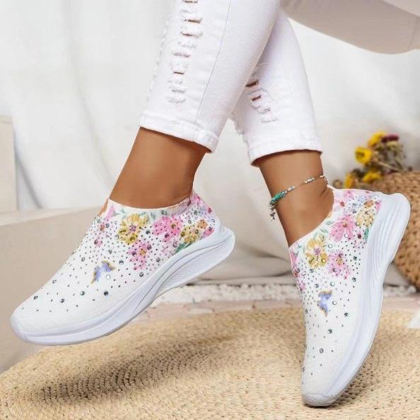 Damenschuhe in Übergrößen, atmungsaktive Frühjahrs-Athleisure-Schuhe, Strasssteine, regenbogenfarbene glänzende Fly-Knit-Schuhe, Plateau-Laufschuhe für Damen