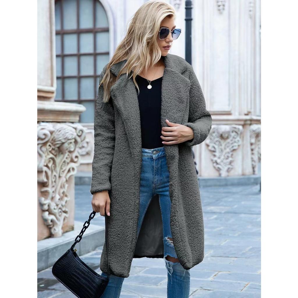 Ladies', Medium Length, Lapel, Woolen Jacket, Long Sleeved, Solid Color, Loose Fit, Casual Jacket