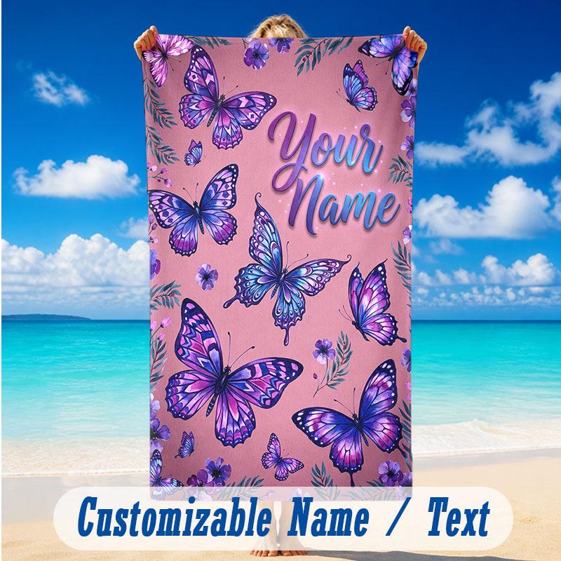 Butterfly Theme Beach Towel Personalized Custom Name & Text Soft Quick Dry Beach Towel for Swimming Travel