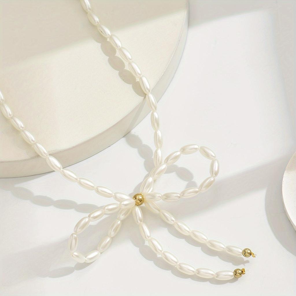 Women Fashion Retro Simple White Faux Pearl Bowknot Clavicle Necklace