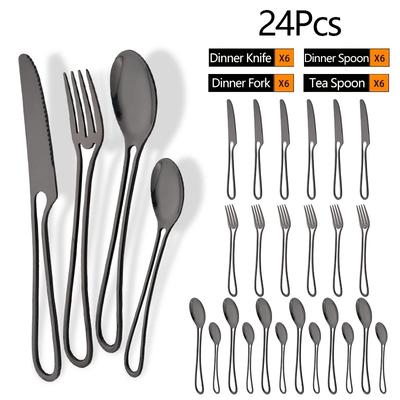 24Pcs Black Dinnerware Set Knife Fork Spoon Cutlery Set Stainless Steel Cake Fork Coffee Spoon Tableware Party Kitchen Flatware