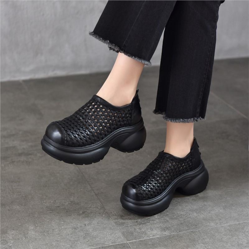 Johnature Thick Soled Height Increasing Genuine Leather Woven Sandals Hollow Breathable Women's Platform Shoes