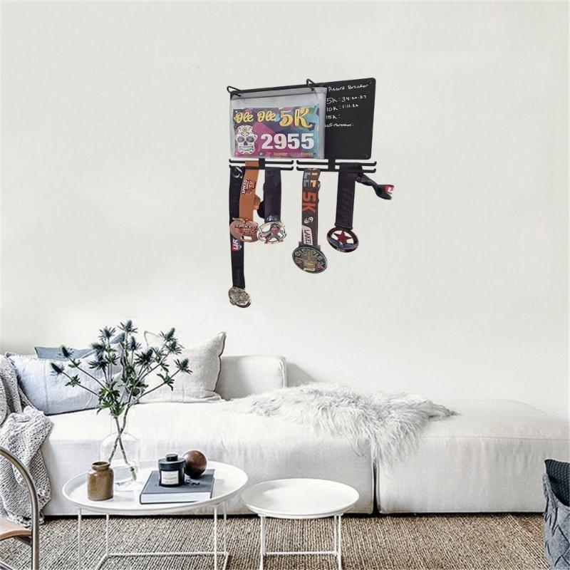 Wall Mounted Marathons Medals Display Organiser With Race Bib Holder Blackboard For Runners Carbon Steel Hanger