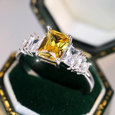 Temperament Yellow Zircon Square Stone Ring for Women Party Wedding Accessories Statement Jewelry