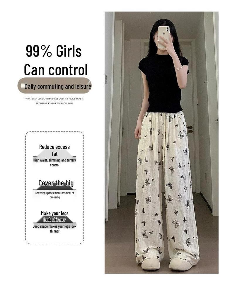 Petite High Waist Bow Wide-Leg Ice Silk Pants - Women's Summer Style