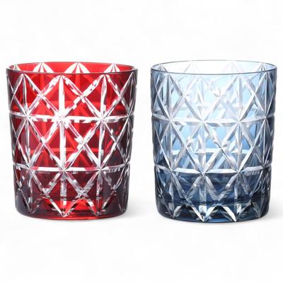 Mizukage Kiriko Pair Rock Glasses Cups 280cc Diamond Pattern Red Ink Blue with Engraved Base Bishou Current Model J-kitchens 80xH90mm &