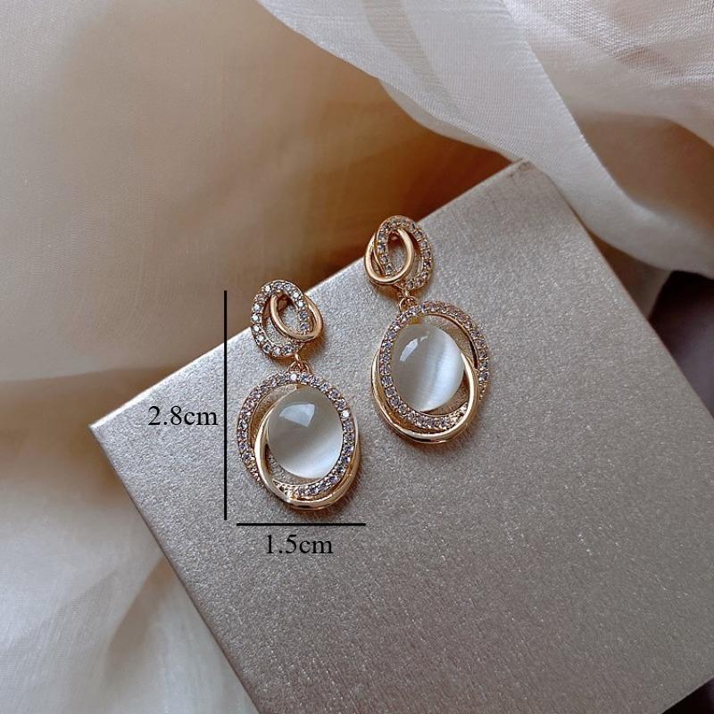 French style Gold Color Earrings With Oval  Square Cat's - Eye Stones Sparkling  Dangle Earrings Women's Banquet Jewelry