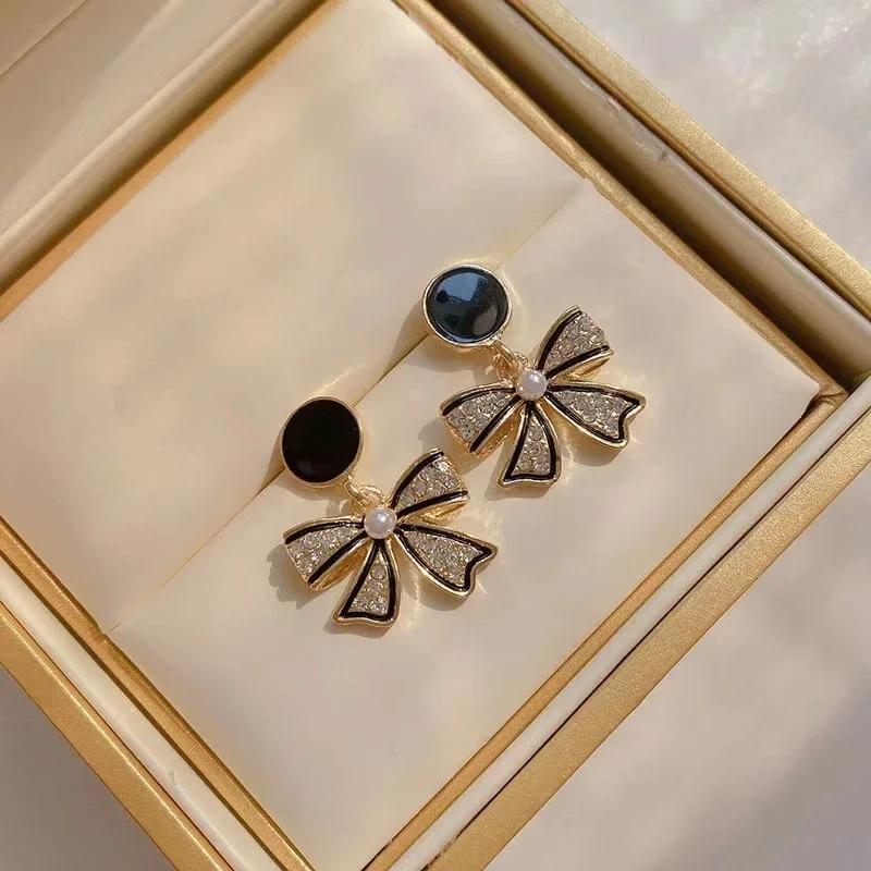 925 Silver Needle Korean Fashion Black Bow Earrings For Women Jewelry 2026 Trending New Sweet Women's Bowknot Drop Earrings Z40
