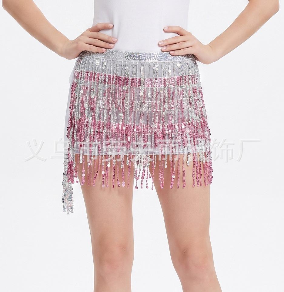 Women's Elastic Waist Sequin Fringe Mini Skirt Loose Fit Chiffon Dance Hip Scarf Belly Dance Performance Party Wrap Skirt