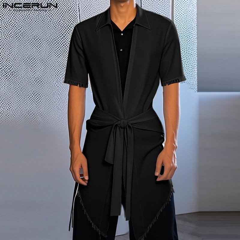 INCERUN Men V Neck Short Sleeve Lace-up Waist Back Cutout Irregular Long Tops T-shirts