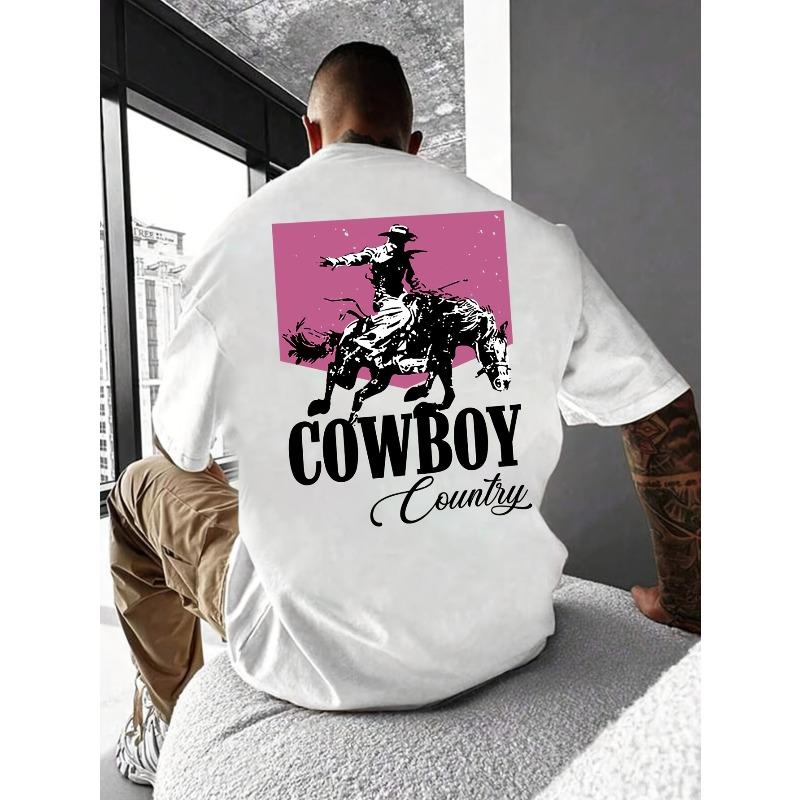 Men's Fashion Denim Horse Riding Graphic Print Crew Neck T-shirt, Lightweight Summer Casual T-shirt Suitable for Outdoor Activities