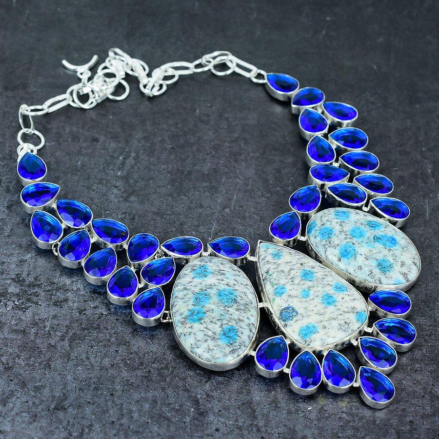 K2 Blue Azurite, Topaz Handmade 925 Sterling Silver Jewelry Necklace 18" I3z30