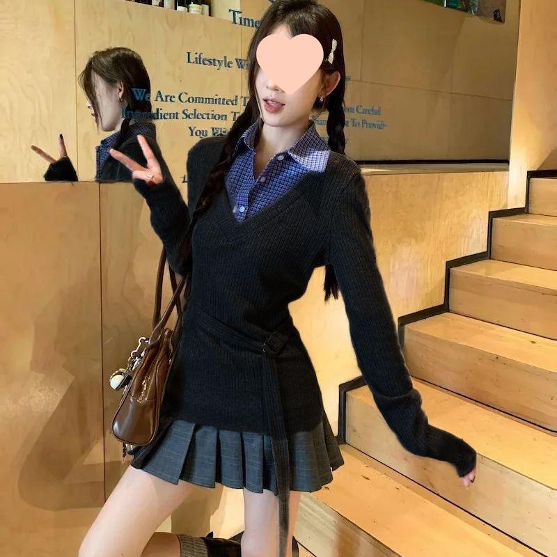 

Женский осенний топ 2025 года облегающего кроя, в стиле пэчворк с цветными блоками, с длинным рукавом и воротником-стойкой, два в одном XL