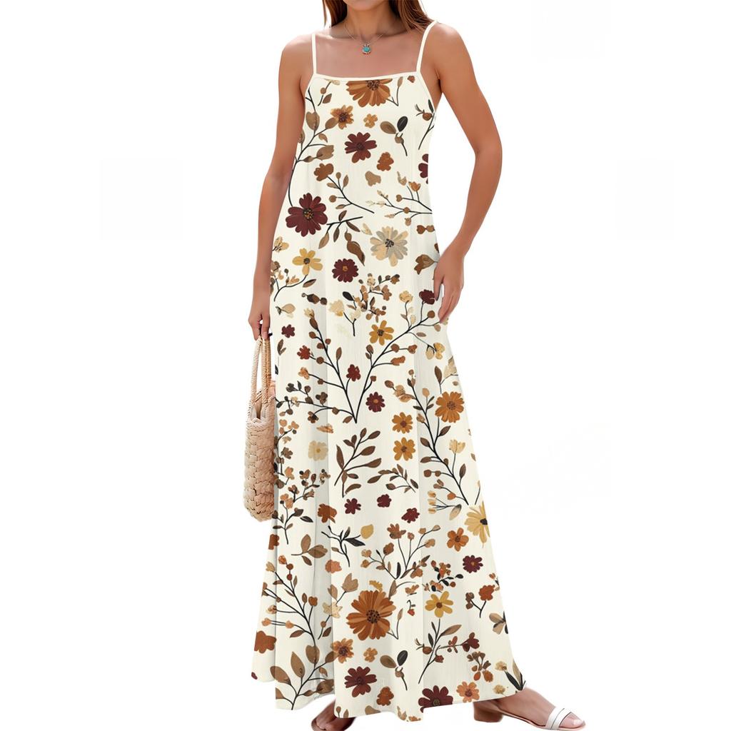 Women's Spring And Summer Casual Fashion Adjustable Suspenders Printed Long Dress