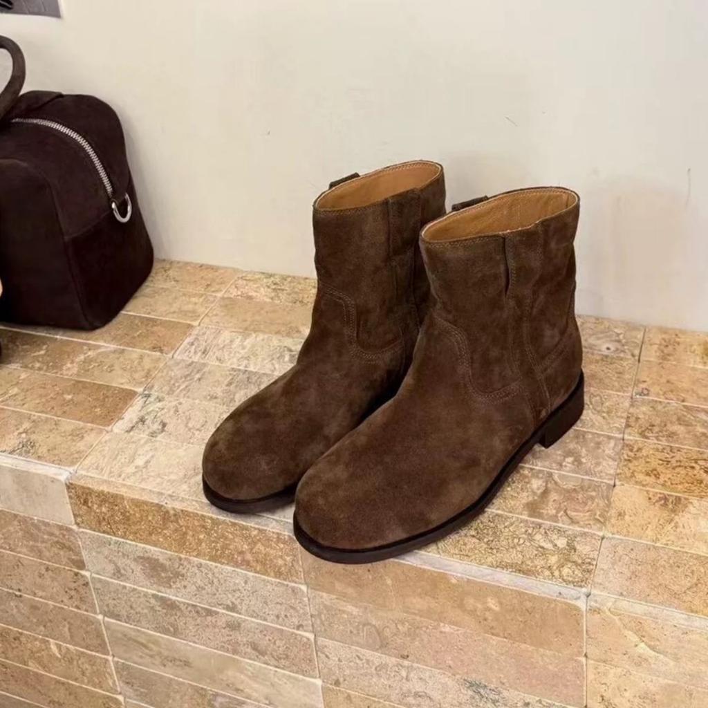 Sheepskin Version~ Retro Suede Face Round Head Thick Heel Sleeve Martin Boots Short Boots Women's Versatile Western Cowboy Boots