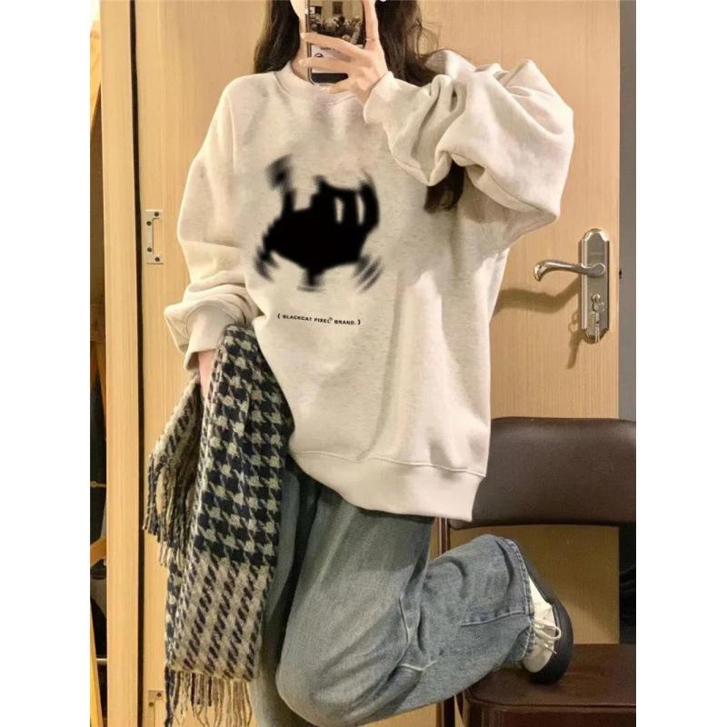 Cat Printed O-Neck Hoodies Sweatshirts Women Kawaii Cartoon Loose Hoodies Sweatshirts Female Long Sleeved Autumn Winter
