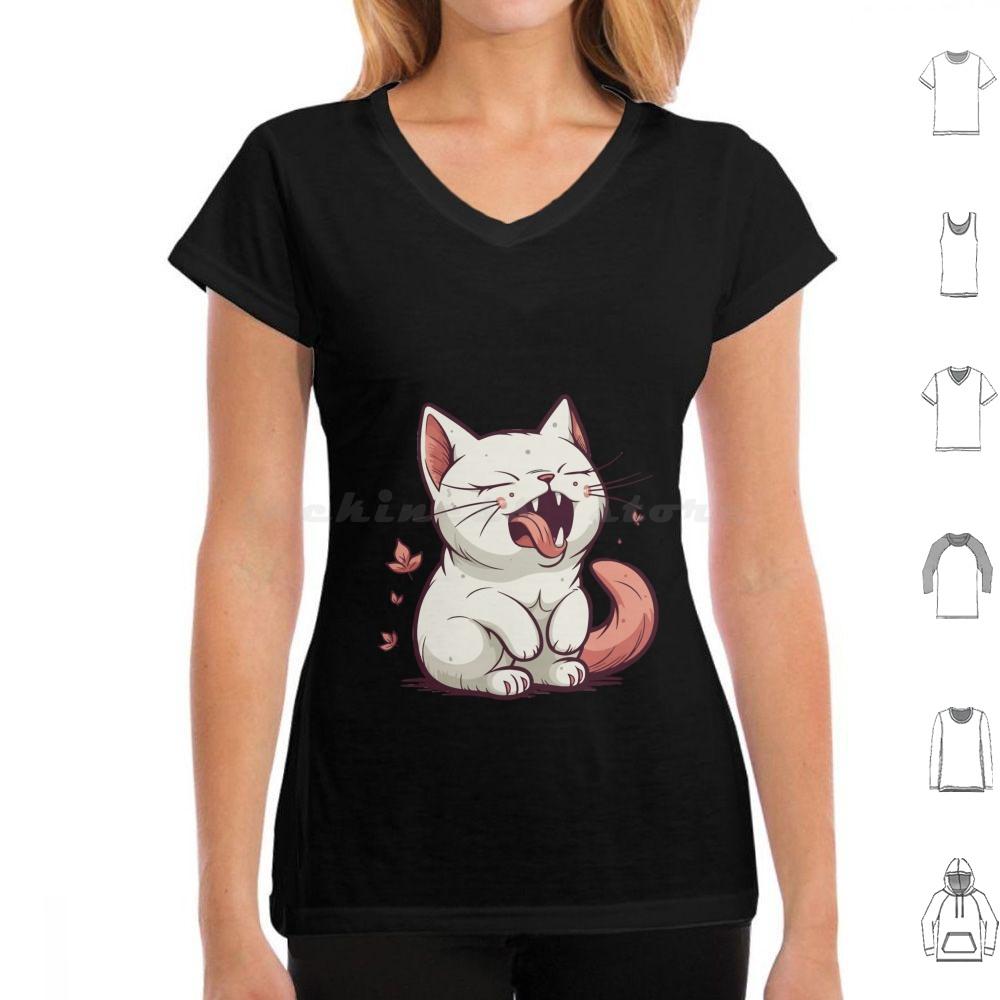 Aaahhhhh Gähnende Katze T-Shirt 6XL Baumwolle Cooles T-Shirt Niedliche Katzenillustration Cartoon-Katzen-Design Miauzende Katze Kunst Verspielte Katze