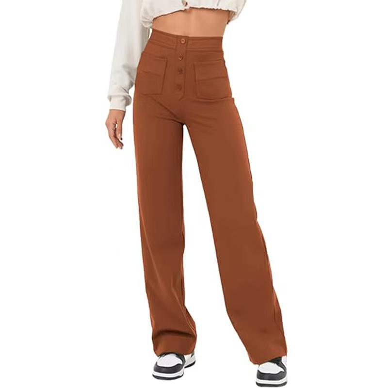 2024 Fashion Women's High-Waist Casual Straight Pants with Elastic Belt and Multiple Pockets