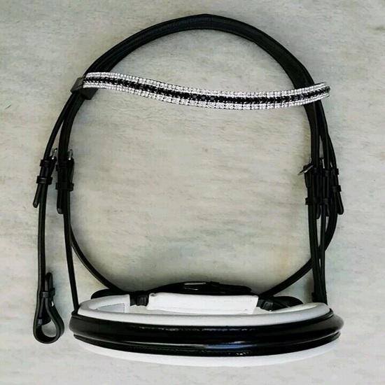 Premium Quality White/Black Color 5 Row Crystal Dressage Leather Bridle.