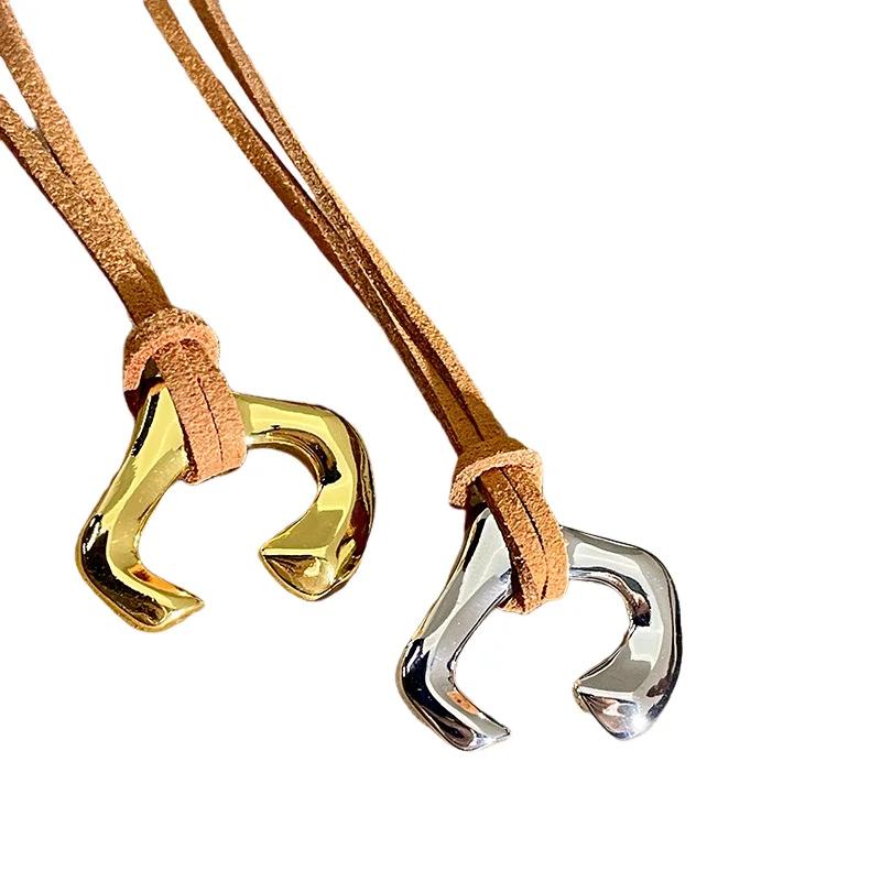 U-Shaped Horseshoe Metal Pendant Necklace Female Niche Design Coffee Colored Leather Rope Long Sweater Chain