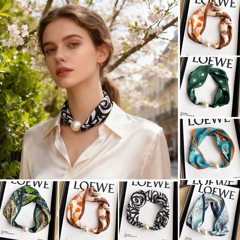 1PC Neck Protection Scarf Texture Silk Scarf Fashion Cloth Accessories Versatile Magnetic Patterned Pearl
