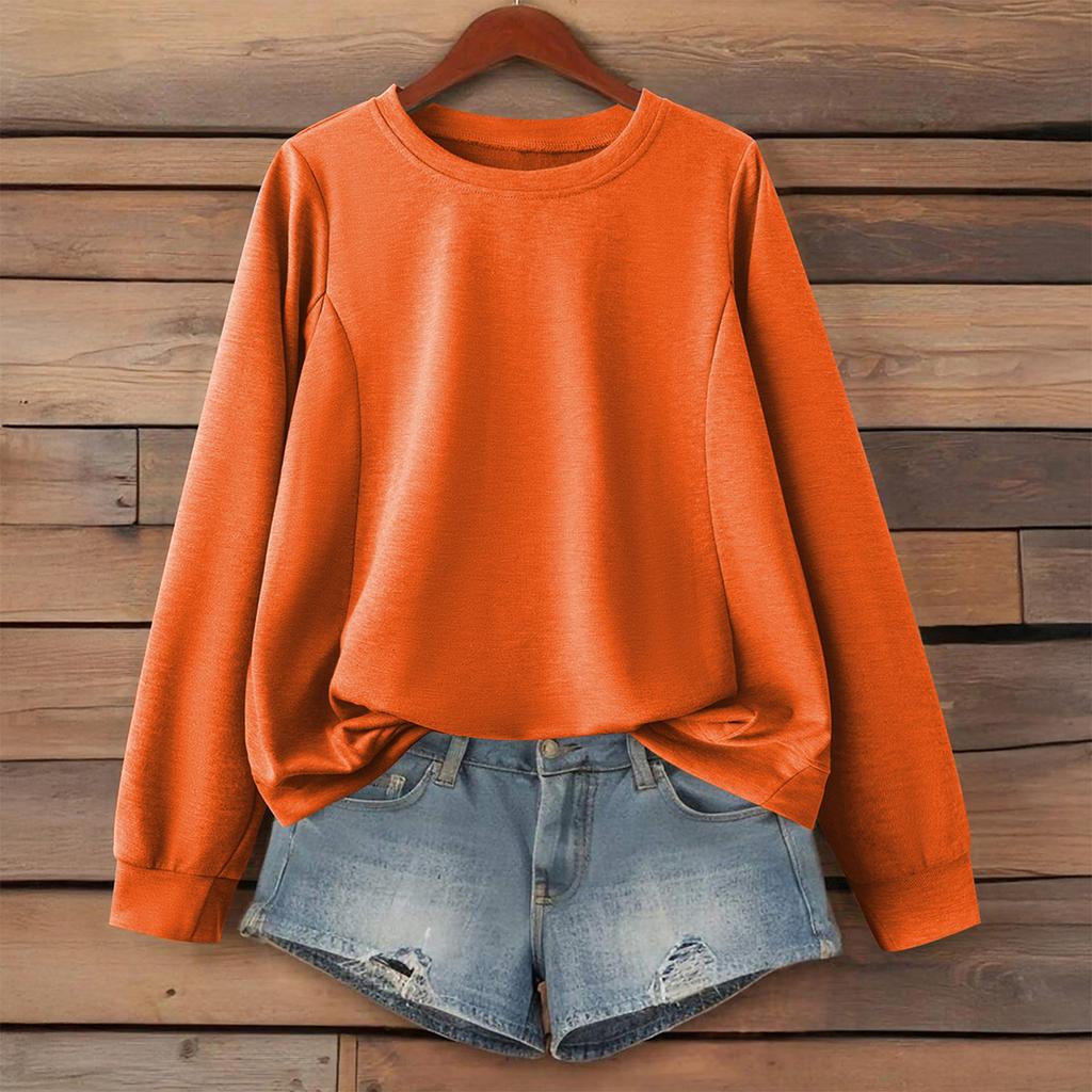 Women's Fashionable Solid Color Round Neck Long Sleeved Sports Casual Pullover Sweatshirt Top