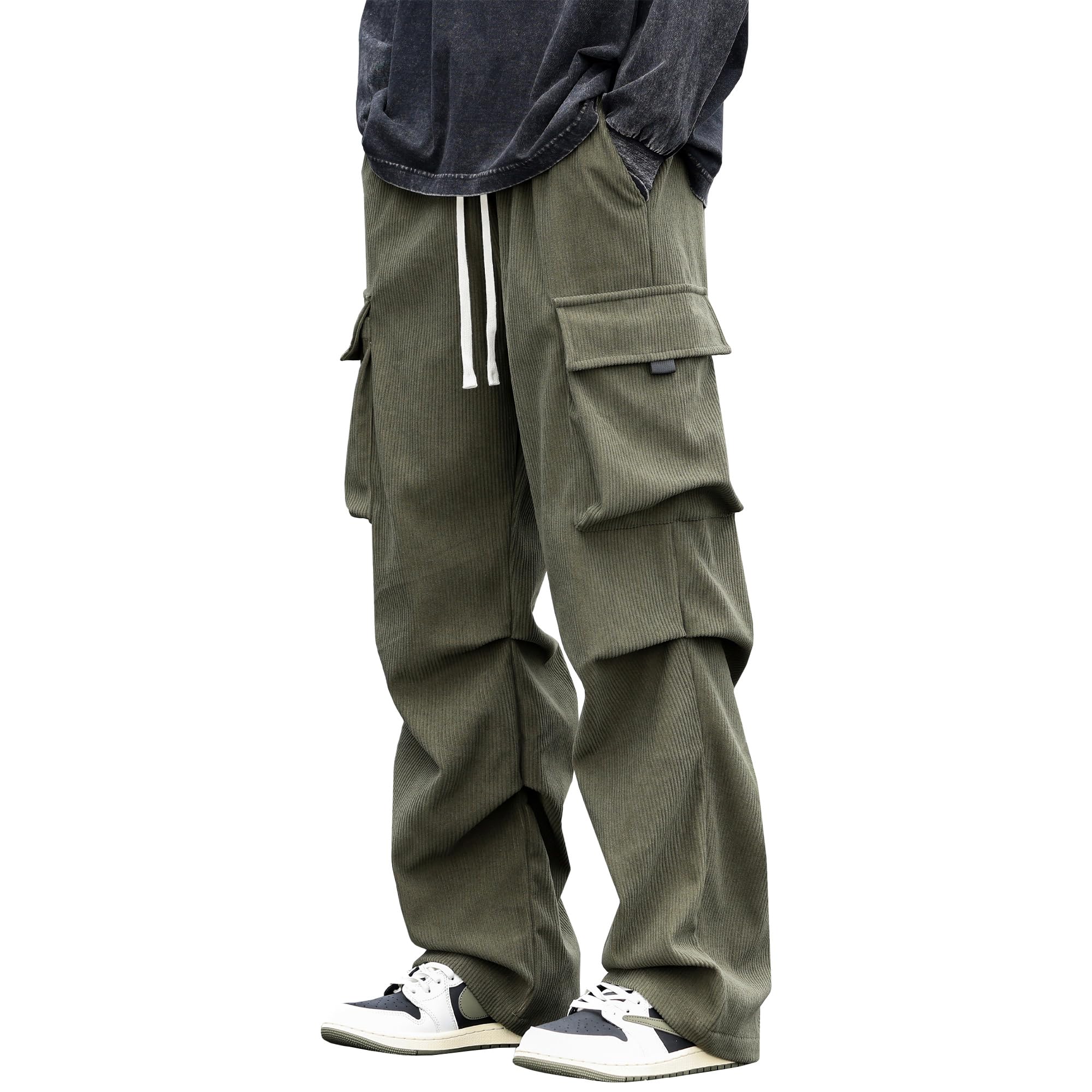 

W Wonyo Вельветовые Эластичные Брюки Карго Клеш Широкие Штанины Длинные Однотонные Оливковые Размер 2XL Мужские Брюки, Брюки, Брюки, Осенне-Зимние Брюки, Брюки, Цвет, Легко Носить