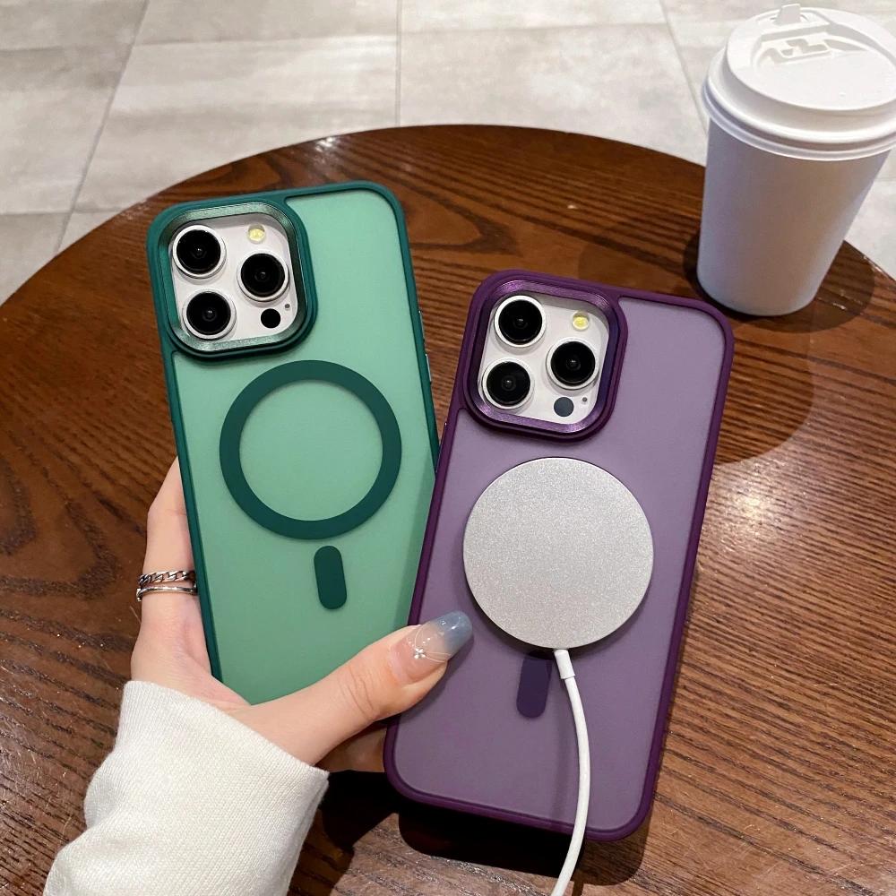 Matte Shockproof Magnetic Phone Case For iPhone 15 14 13 12 11 Pro Max Plus For Magsafe Wireless Charge Metal Camera Ring Cover