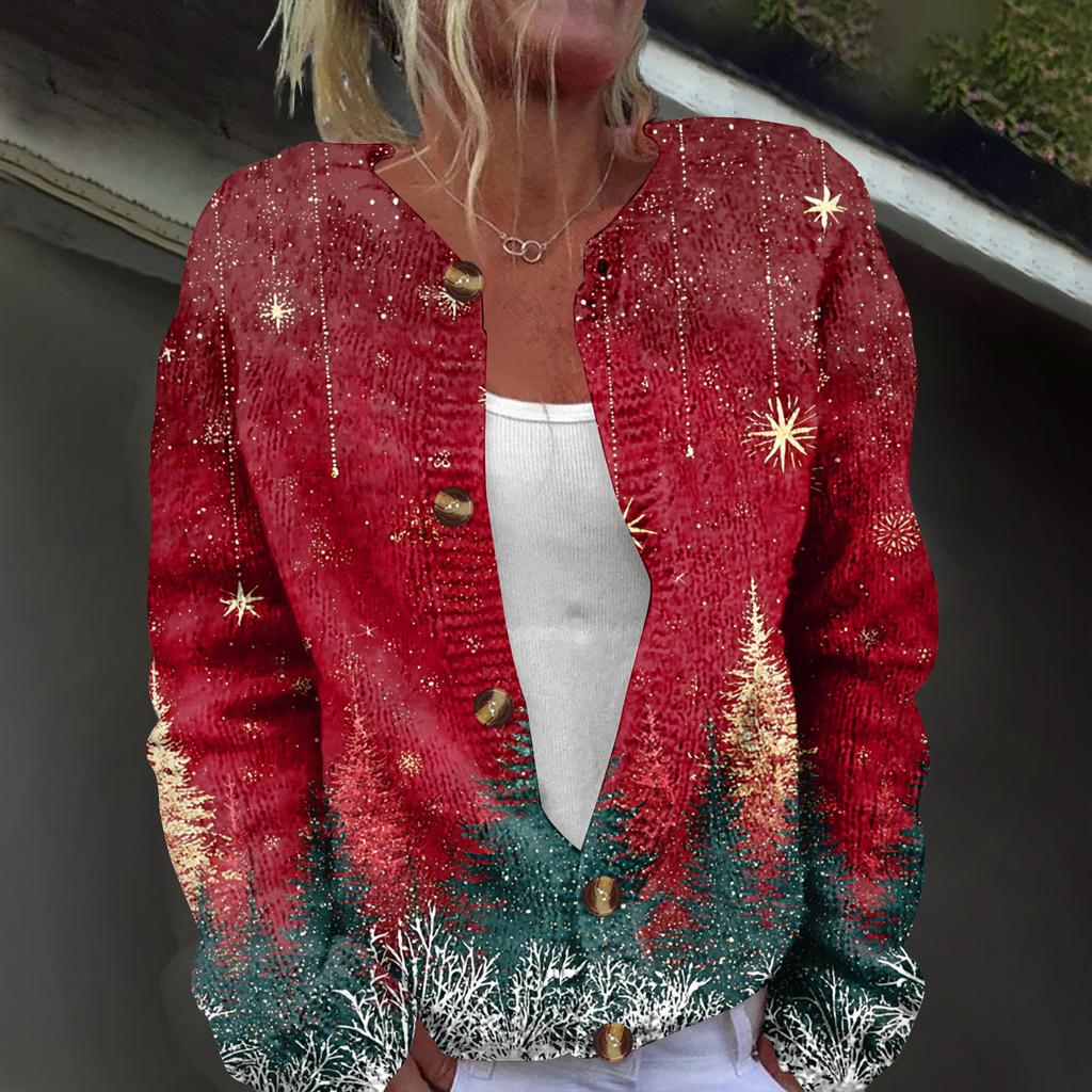 Women's Fashion Christmas Printed Long Sleeve Knitted Cardigan Button Down Jacket