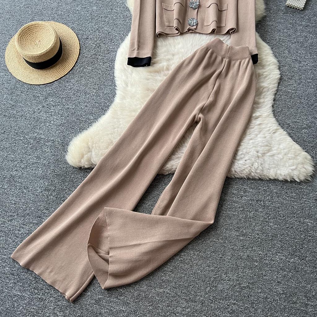 Winter Strickwaren Damen Anzüge Langarm Diamantknöpfe Oberteile+Freizeithosen mit weitem Bein Locker Warme Pullover-Sets