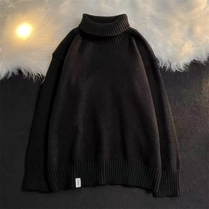 Turtleneck black sweater men's winter loose lazy style bottoming shirt large size high-end knitted sweater winter