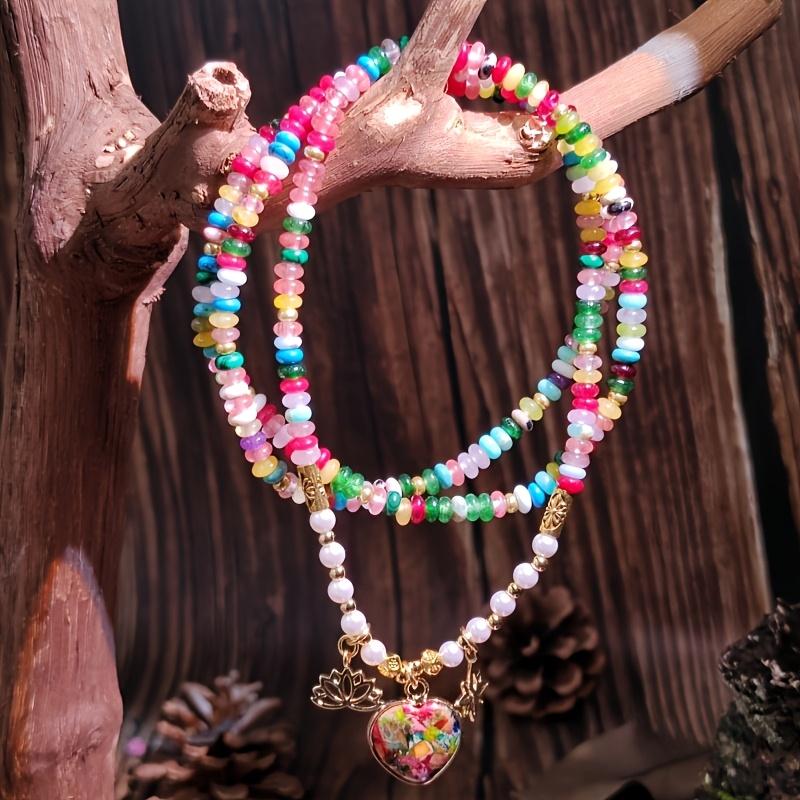 Bohemian Style Natural Colored Agate Elastic Heart-shaped Bracelet, Suitable for Everyday Wear, Parties, Vacations, and Can Also Be Worn As a Necklace