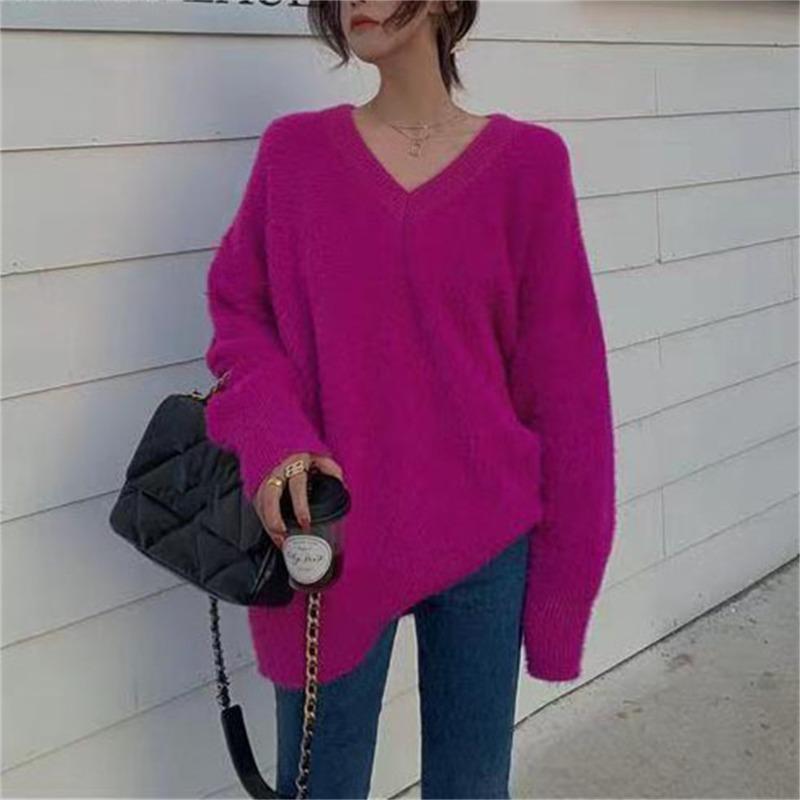 Milk wear imitation mink fleece collar soft waxy knitted sweater top women's autumn and winter new gentle wind sweater women's outer wear