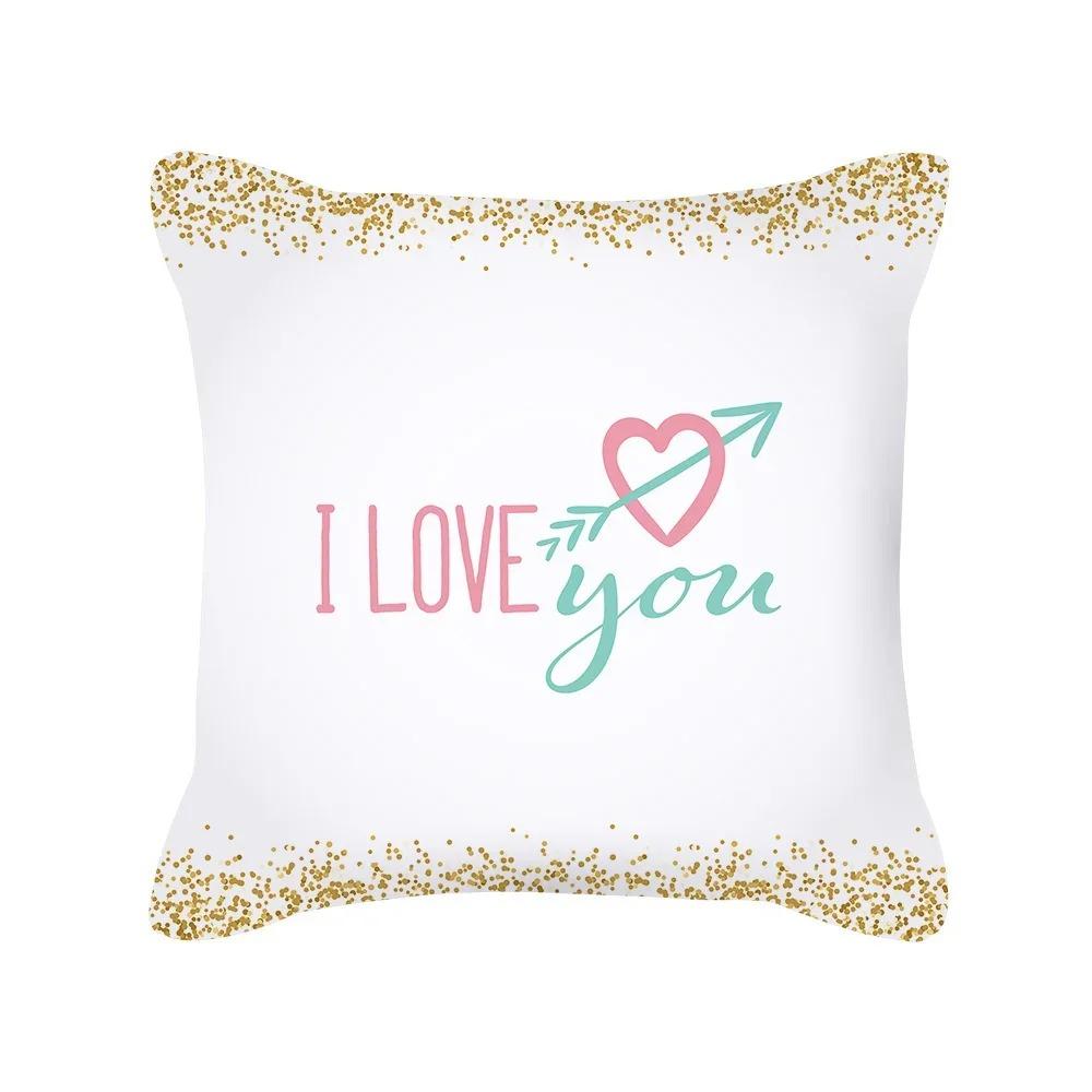 Happy Valentines Day Peach Skin Pillow Case 2D Flat Printed Romantic Pink Heart Cushion Cover For Sofa Living Room Decor