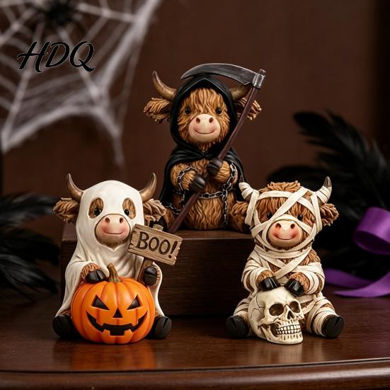 Dark Aesthetic Home Accessories 3Pcs Halloween Highland Cow Figurines Resin Cattle Statues of Grim Reaper Seasonal Holiday Party Favors Mummy