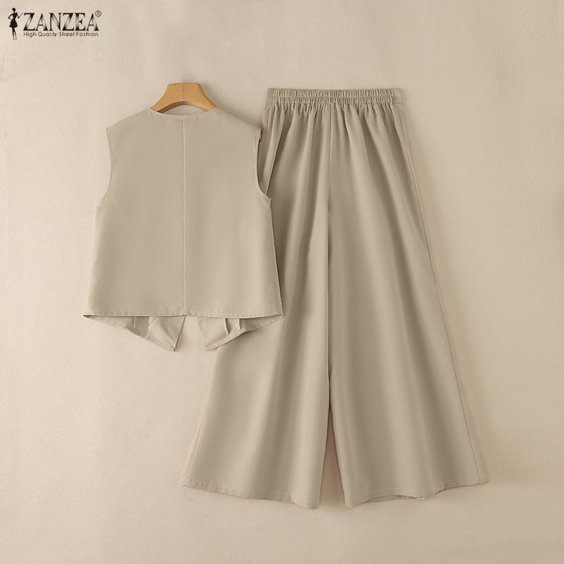 ZANZEA Top Gilet Senza Maniche da Donna e Pantaloni a Gamba Larga Set Casual Due Pezzi