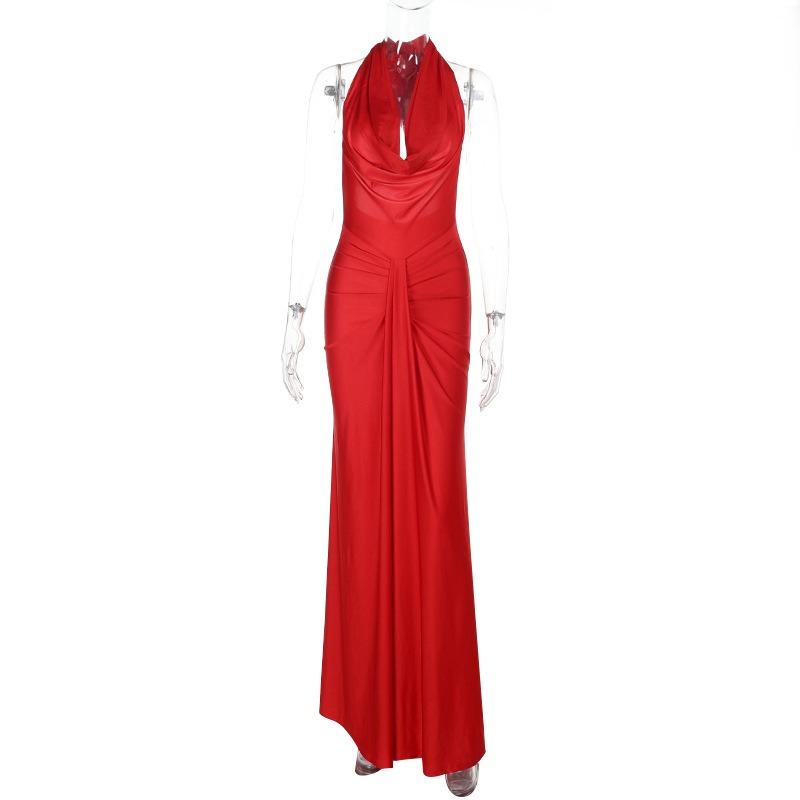 Women Sexy Backless Halter Neck Solid Satin High Waist Long Evening Dress
