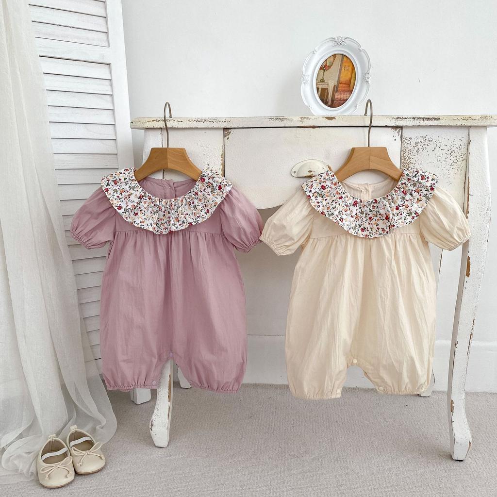 Baby Girl Summer Lightweight Floral Short Sleeve Romper with Peter Pan Collar