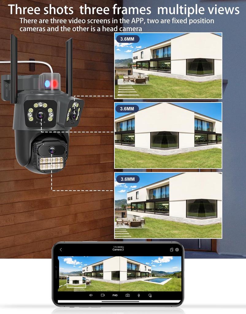 Wireless PTZ Camera with Triple Lens & Screen for Home Network Monitoring