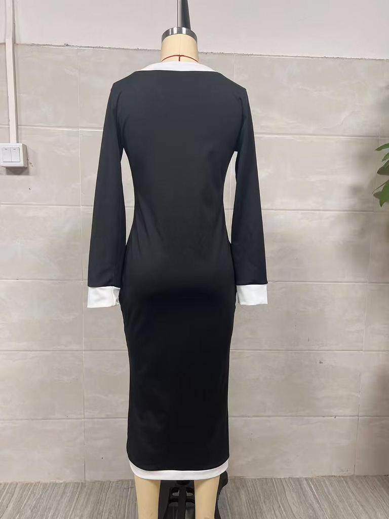 2025 Elegant Cross-border Color Block V-Neck Midi Dress for Spring and Autumn
