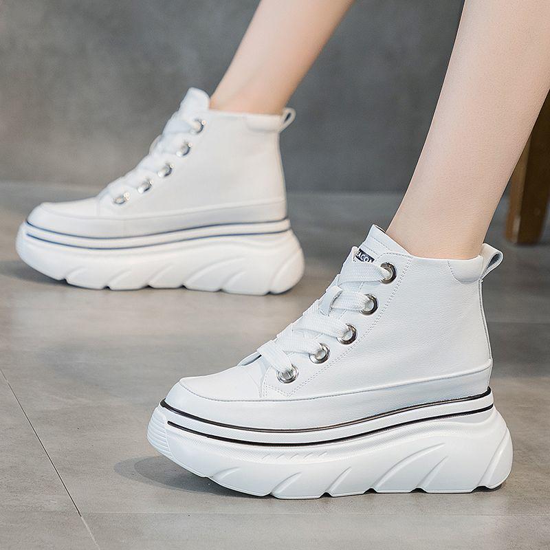 Women's High Top Cowhide Platform Sneakers - Autumn Breathable Casual White Shoes
