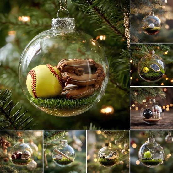 Vtipné 3D ozdoby na vánoční stromek ve tvaru sportovních míčů, mikroscéna, sportovní sváteční ozdoba, čirá koule