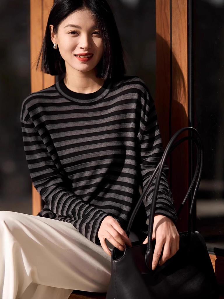 Früher Herbst Gestreifter Strick Damenpullover - Leichtigkeit Lässige Mode Langarm Oberteil