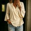 Damen Bluse mit Glockenärmeln, V-Ausschnitt, Bindung vorne und asymmetrischem Saum, Lässiges Baumwoll-Leinen Top