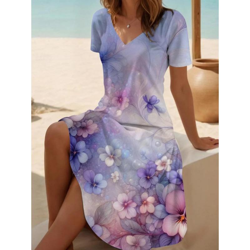 

TIFICY Women s Fashion Summer Spring Flower Pattern Print Short Sleeve V-Neck Loose Waistline Casual Dresses XXXXXL